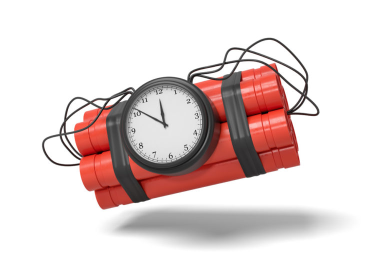 3d rendering of a bundle of dynamite sticks with a clock attached to the side of it on a white background.