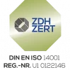 Logo der ZDH-Zertifizierung mit "ZDH ZERT" in blauer Schrift auf grünem Hintergrund. Die Zertifizierung weist auf die Einhaltung von Umweltmanagementstandards hin.